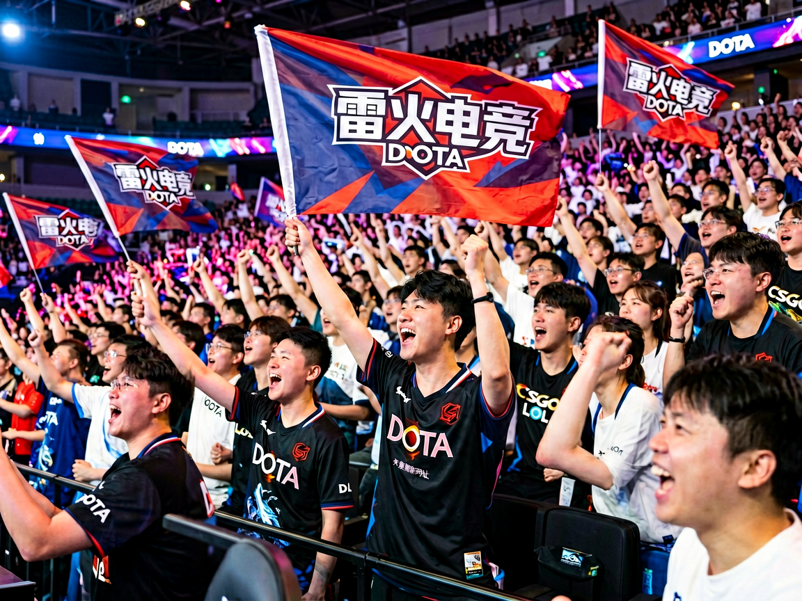 电竞比赛观众席，粉丝挥舞旗帜为战队加油助威